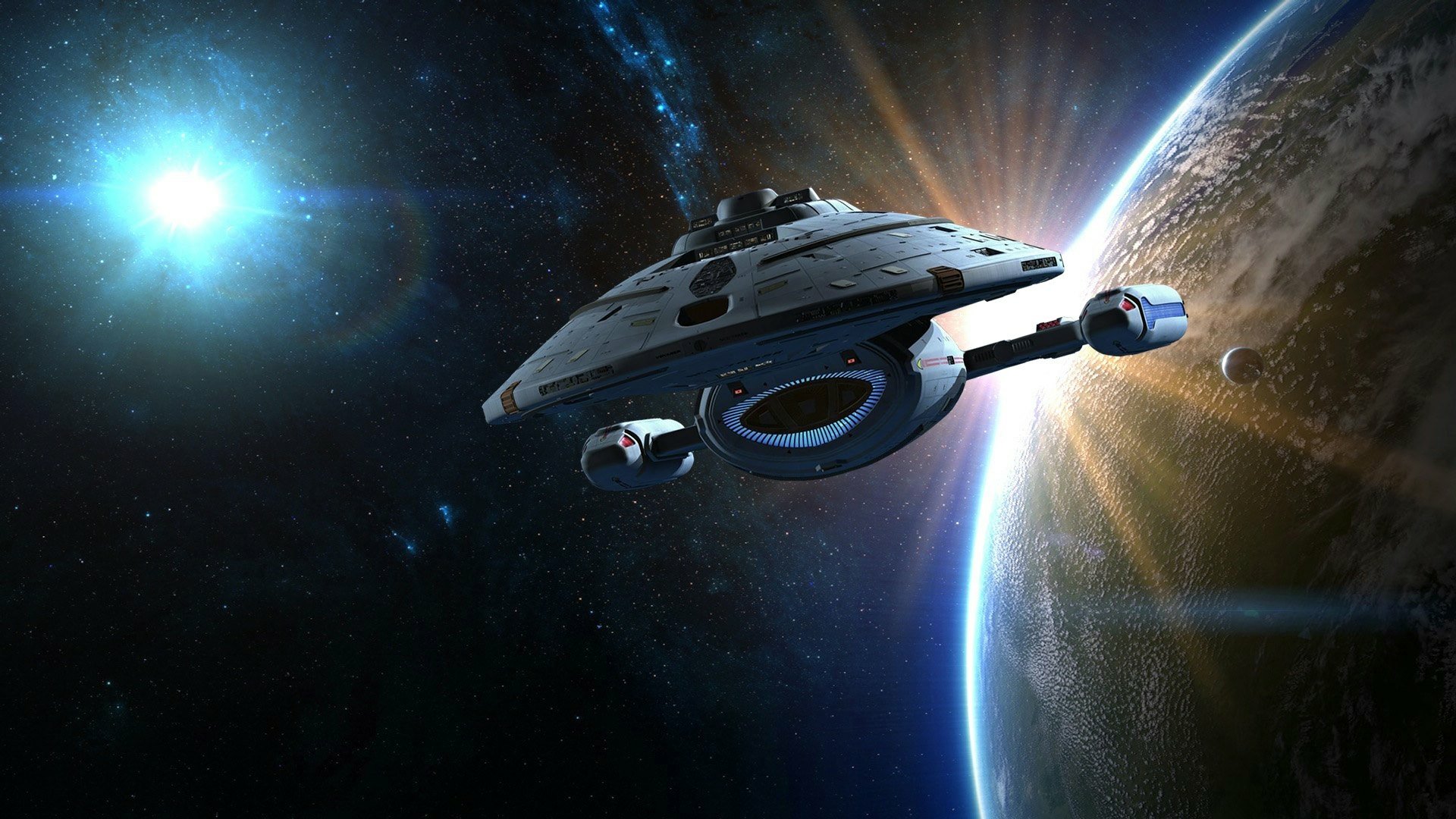 Futuristisches Raumschiff nahe einem Planeten mit hellem Sternenlicht, dunkelblaue und weiße Töne, Science-Fiction-Stimmung